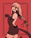  1girl braid chainsaw_man crosshair_pupils demon_girl demon_horns detached_sleeves fangs horns looking_at_viewer meme_attire moshimoshibe orange_eyes paw_pose pink_hair power_(chainsaw_man) red_background simple_background solo tail thighhighs virgin_killer_sweater 