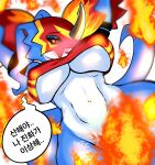  anthro bandai_namco big_breasts blue_body blue_tail blush breasts clothing digimon digimon_(species) dragon female feral fire flamedramon hi_res horn korean_text lizard mask megi navel red_eyes reptile scalie solo text translated white_body 