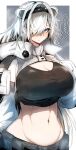  1girl animal_ears aqua_eyes arknights aurora_(arknights) black_hairband blue_eyes breasts cleavage gin_moku hair_ornament hair_over_one_eye hairband highres jacket large_breasts long_hair looking_at_viewer midriff navel solo steam upper_body white_hair white_jacket 