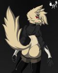  4:5 absurd_res anthro ash_(disambiguation) boots bubble_butt butt canid canine canis clothing female fennec fluffy fluffy_ears fluffy_hair fluffy_tail footwear fox fur hair hi_res leather leather_clothing legwear mammal nier_automata red_eyes rondonite solo squish thigh_boots thigh_highs thigh_squish white_body white_fur white_hair wolf 