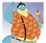  absurd_res aloha_shirt anthro belly big_belly blue_body blue_scales clawed_fingers clothing crepe crocodile crocodilian crocodylid gesture green_eyes hat headgear headwear hi_res lifewonders makara male one_eye_closed overweight pattern_clothing pattern_shirt pattern_topwear pokelai reptile scales scalie scar shirt solo suspenders tokyo_afterschool_summoners topwear video_games waving wink 