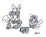  3_fingers 3_toes advos ambiguous_gender anthro artist_name canid canine controller digital_media_(artwork) duo feet fingers fur game_console game_controller gaming handheld_console hi_res holding_object joycon_controller lookin mammal nintendo nintendo_console nintendo_controller nintendo_switch open_mouth pok&eacute;mon pok&eacute;mon_(species) riolu simple_background sitting smile switch_console toes video_games 