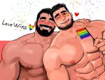  2boys abs bara beard black_hair blush closed_eyes couple dopey_(dopq) facial_hair flag hug large_pectorals lgbt_pride male_focus manly mature_male multiple_boys nipples one_eye_closed original pectorals rainbow_flag short_hair teeth text_focus thick_eyebrows tongue tongue_out topless_male yaoi 