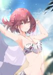  1girl armpits arms_up bikini blurry blurry_foreground blush breasts cleavage collarbone depth_of_field floating_hair highres higuchi_madoka holding holding_towel idolmaster idolmaster_shiny_colors light_smile looking_at_viewer medium_breasts navel nyarotto outdoors print_bikini red_eyes red_hair solo swimsuit towel 