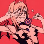  1girl bat_wings breasts candy chainsaw_man crosshair_pupils demon_girl demon_horns food hair_between_eyes horns lollipop moshimoshibe one_eye_closed orange_eyes pink_hair power_(chainsaw_man) red_background revealing_clothes simple_background smile solo v wings 