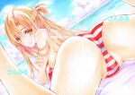  1girl ass ass_focus asuna_(sao) bangs braid brown_eyes brown_hair french_braid looking_at_viewer looking_back skirt smile solo swimsuit sword_art_online traditional_media yqgkg 