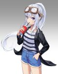  1girl absurdres bangs black_jacket blue_eyes blue_shorts collarbone commentary_request cup cutoffs disposable_cup drinking_straw floating_hair goggles goggles_on_head gradient gradient_background grey_background grey_hair hand_in_pocket hand_up highres holding holding_cup jacket long_hair long_sleeves looking_at_viewer open_clothes open_jacket original ponytail qwerjkl66 shirt short_shorts shorts solo striped striped_shirt very_long_hair white_background 