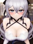  1girl bangs bare_shoulders blush breasts bronya_zaychik bronya_zaychik_(silverwing:_n-ex) cleavage close-up closed_mouth dress drill_hair grey_eyes grey_hair hair_ornament honkai_(series) honkai_impact_3rd large_breasts long_hair looking_at_viewer single_sleeve sleeveless sleeveless_dress sphere-stc twin_drills white_dress white_sleeves 