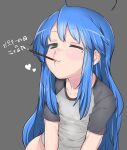  1girl ahoge arm_support azuse_neko blue_eyes bottomless food green_eyes grey_background hair_between_eyes heart izumi_konata long_hair lucky_star mole one_eye_closed pocky pocky_day sidelocks 