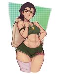  1girl abs artist_name avatar_(series) bandaged_leg bandages black_hair blush covered_nipples cowboy_shot green_eyes green_shorts green_sports_bra halftone jakuson_z jewelry kuvira long_hair mole mole_under_eye navel necklace outline parted_lips shorts solo sports_bra the_legend_of_korra white_outline 