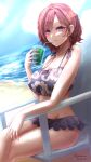  1girl bare_arms bare_legs bare_shoulders bikini breasts chair drink floral_print frilled_bikini frills hand_up highres higuchi_madoka holding holding_drink idolmaster idolmaster_shiny_colors large_breasts light_smile looking_at_viewer mole mole_under_eye purple_eyes red_hair ryoku_illus sitting solo swimsuit 