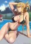  2girls arm_behind_head armpits ass back bangs bikini black_bikini blonde_hair blue_sky blurry blurry_background breasts cleavage cloud cloudy_sky earrings highres jewelry large_breasts long_hair looking_at_viewer multiple_girls mythra_(xenoblade) navel on_floor one-piece_swimsuit outdoors pool pyra_(xenoblade) red_hair sitting sky swimsuit thighs tiara tree ultrabinou xenoblade_chronicles_(series) xenoblade_chronicles_2 yellow_eyes 