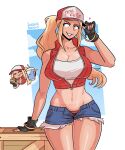  baseball_cap blonde_hair breasts curvy denim fatal_fury fatal_fury_cap fingerless_gloves garou:_mark_of_the_wolves genderswap genderswap_(mtf) gloves hat highres loggus_doggus ponytail snk snk_heroines:_tag_team_frenzy star_(symbol) tan tank_top tanlines terry_bogard the_king_of_fighters vest 