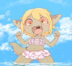  anthro bamfear blonde_hair blush brown_body clothing cloud doneru female flower_pattern frilly frilly_clothing frilly_swimwear hair navel partially_submerged sky smile solo swimwear tany_(doneru) two_piece_swimsuit water wet young 