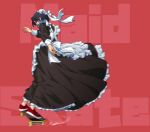  1girl apron black_dress black_hair bun_cover dress frilled_apron frills long_sleeves maid maid_apron maid_headdress original red_background red_footwear ribbon shoes skateboard skateboarding sneakers solo suzushiro_(suzushiro333) white_apron white_ribbon 