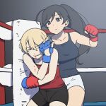  2girls ahoge arm_grab bangs bike_shorts black_background black_eyes black_hair black_shorts black_tank_top blocking blonde_hair blood blood_on_arm blue_gloves boxing boxing_gloves boxing_ring breasts clenched_teeth closed_eyes closed_mouth cowboy_shot darjeeling_(girls_und_panzer) girls_und_panzer gloves highres isuzu_hana medium_breasts multiple_girls nosebleed onsen_tamago_(hs_egg) ponytail punching red_gloves red_tank_top short_hair shorts standing tank_top teeth white_shorts 