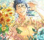  1boy apron betushio blue_hair blush closed_eyes collared_shirt cu_chulainn_(fate) day ear_piercing earrings fate/stay_night fate_(series) flower jewelry light long_hair male_focus mature_male piercing ponytail ribbon shirt smile solo spiked_hair stud_earrings sunflower teeth upper_body 