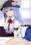  1girl black_headwear blue_hair blue_skirt blurry blurry_background bow bowtie breasts center_frills closed_mouth collared_shirt finger_to_mouth food frills fruit half-closed_eyes hinanawi_tenshi index_finger_raised indoors large_breasts leaf long_hair looking_at_viewer peach puffy_short_sleeves puffy_sleeves red_bow red_bowtie red_eyes seiza shirt short_sleeves sitting skirt smile solo touhou white_shirt zeroko-san_(nuclear_f) 
