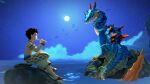  16:9 2022 3d_(artwork) 4k absurd_res ambiguous_gender blue_body capcom claws clothing cloud detailed_background digital_media_(artwork) duo feral flute hair hi_res holding_object horn human ivorylagiacrus lagiacrus leviathan_(mh) light looking_at_another looking_at_partner looking_back male mammal monster_hunter monster_hunter_stories monster_hunter_stories_2:_wings_of_ruin moon moonlight musical_instrument musical_note night on_rock outside playing_flute playing_music rock scales scalie sea sitting sitting_on_rock spikes video_games water widescreen wind_instrument woodwind_instrument yellow_eyes 