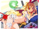  1girl barefoot beach bikini blonde_hair bottle can closed_mouth commentary_request demon_tail disgaea flonne frilled_bikini frills hair_between_eyes hairband highres long_hair lying makai_senki_disgaea miyakawa106 navel on_side red_eyes red_hairband sand smile solo swimsuit tail white_bikini 