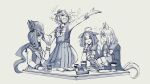  4girls =_= admire_vega_(umamusume) ahoge animal_ears bangs blush book cellphone closed_eyes coffee_cup crown cup disposable_cup ear_down flying_sweatdrops greyscale highres holding holding_book holding_pencil horse_ears horse_girl horse_tail long_hair long_sleeves looking_at_another low_ponytail mame_nabe_donko meisho_doto_(umamusume) mini_crown monochrome multiple_girls narita_top_road_(umamusume) notebook open_mouth outstretched_arm pencil pencil_case phone sailor_collar school_uniform shirt_grab short_hair skirt smartphone smile sparkle t.m._opera_o_(umamusume) table tail teeth tracen_school_uniform umamusume upper_teeth v-shaped_eyebrows 