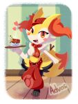  &lt;3 3:4 3_fingers 3_toes advos ambiguous_gender anthro apron beverage blush braixen canid canine clothing container cup digital_media_(artwork) feet fingers fur hat headgear headwear hi_res holding_object inner_ear_fluff inside looking_at_viewer mammal nintendo open_mouth pok&eacute;mon pok&eacute;mon_(species) pok&eacute;mon_caf&eacute;_mix scarf smile solo standing stick toes tongue tray tuft video_games white_body white_fur wood_floor yellow_body yellow_fur 