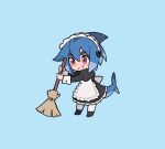  1girl alternate_costume animated animated_gif apron azuumori black_bow black_dress blue_background blush bow broom dress enmaided fish_tail frilled_apron frills full_body hair_bow highres holding holding_broom juliet_sleeves long_sleeves maid maid_apron maid_headdress original puffy_sleeves red_eyes shark_fin shark_girl shark_girl_(azuumori) shark_tail simple_background solo standing tail white_apron 