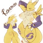  anthro areola bandai_namco big_breasts black_sclera blue_eyes breasts butt canid canine clothing digimon digimon_(species) digital_media_(artwork) female fur genitals handwear hi_res huge_breasts mammal nipples nude pulred pussy rear_view renamon simple_background solo thick_thighs white_body white_fur wide_hips yellow_body yellow_fur 