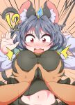  !? 1boy 1girl anger_vein animal_ear_fluff animal_ears bangs blush breast_grab breasts brown_background bwell commentary_request covered_nipples dowsing_rod grabbing grey_hair grey_skirt grey_vest groping hetero highres large_breasts long_sleeves looking_at_viewer looking_down midriff mouse_ears mouse_girl mouse_tail navel nazrin nose_blush open_mouth pov pov_hands red_eyes shirt short_hair skirt solo_focus surprised tail touhou upper_body vest white_shirt 