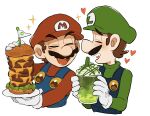 2boys blue_overalls brothers brown_hair burger closed_eyes cropped_torso facial_hair flag food gloves green_headwear green_shirt heart highres holding holding_food long_sleeves luigi male_focus mario mario_(series) mimimi_(mimimim9999) multiple_boys mustache open_mouth overalls red_headwear red_shirt saliva saliva_trail shirt short_hair siblings simple_background smile star_(symbol) symbol-only_commentary white_background white_gloves 