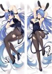  1girl ;o absurdly_long_hair anchor animal_ears armpits arms_up ass azur_lane bare_shoulders black_leotard blue_eyes blue_hair blue_necktie blush breasts cleavage commentary covered_navel dakimakura_(medium) detached_collar fake_animal_ears full_body hand_up high_heels knee_up large_breasts legs leotard long_hair looking_at_viewer lying moeanime necktie new_jersey_(azur_lane) new_jersey_(exhilarating_steps!)_(azur_lane) official_alternate_costume on_side one_eye_closed pantyhose playboy_bunny rabbit_ears sideboob skin_tight smile solo tail thighs torn_clothes torn_legwear v very_long_hair wrist_cuffs 