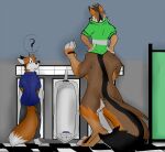  against_surface against_wall anthro bathroom black_body black_fur bottomless brown_body brown_fur canid canine clothed clothing confusion duo floor fox fur hands_on_hips humor kartfox looking_down male mammal orange_body orange_fur question_mark red_fox shirt shirt_only simple_background sirod swift_fox taur tile tile_floor topwear topwear_only urinal 