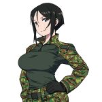  1girl belt black_eyes black_gloves black_hair breasts camouflage camouflage_pants camouflage_shirt chouno_ami closed_mouth girls_und_panzer gloves hand_on_hip highres large_breasts looking_at_viewer onsen_tamago_(hs_egg) pants shirt shirt_tucked_in short_hair simple_background smile solo upper_body white_background 