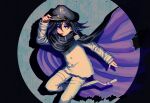  1boy arm_up bangs black_hair black_headwear buttons cape danganronpa_(series) danganronpa_v3:_killing_harmony double-breasted esu_(tasoesu) foot_out_of_frame hair_between_eyes hat highres jacket long_sleeves male_focus ouma_kokichi pants peaked_cap purple_eyes purple_hair short_hair smile solo tongue tongue_out torn_cape torn_clothes two-sided_cape two-sided_fabric white_jacket white_pants 