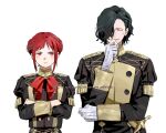  1boy 1girl 91007 black_hair blush double_bun fire_emblem fire_emblem:_three_houses fire_emblem_warriors:_three_hopes garreg_mach_monastery_uniform gloves hair_bun hair_ornament hair_over_one_eye highres hubert_von_vestra long_hair long_sleeves monica_von_ochs open_mouth red_eyes red_hair short_hair simple_background single_hair_bun smile uniform upper_body 