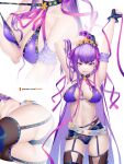  1girl arms_up ass bb_(fate) bb_(swimsuit_mooncancer)_(fate) bikini black_legwear dmith fate/grand_order fate_(series) leg_belt long_hair looking_at_viewer purple_eyes purple_hair smile solo swimsuit thighhighs tongue tongue_out 
