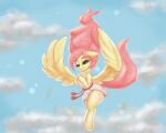  clothing cloud cutie_mark equid equine eyebrows eyelashes feathered_wings feathers female feral fluttershy_(mlp) flying friendship_is_magic hair half-closed_eyes hasbro inkypuso mammal my_little_pony narrowed_eyes pegasus pink_hair pink_tail sky thick_eyebrows wings yellow_body yellow_feathers 