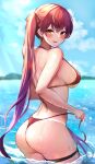  1girl absurdres ass back bangs bare_arms bare_shoulders bikini blurry blurry_background blush breasts crossed_bangs day earrings fang gradient_hair hair_ribbon halterneck heart heart_earrings heterochromia highres holding holding_clothes hololive houshou_marine jewelry large_breasts long_hair looking_at_viewer looking_back multicolored_hair ocean open_mouth outdoors purple_eyes red_bikini red_eyes red_hair ribbon sidelocks skindentation smile solo standing string_bikini sunlight swimsuit tako_8_yaki tan tanlines thigh_strap twintails untied untied_bikini very_long_hair wading wet yellow_eyes 