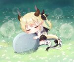 1girl bangs bare_shoulders black_ribbon black_skirt black_wings blonde_hair blush boots closed_eyes closed_mouth day dragon_girl dragon_horns dragon_tail dragon_wings flower hair_ribbon horns indie_virtual_youtuber long_hair mauve nivr_(vtuber) on_grass one_side_up outdoors pleated_skirt ribbon shirt skirt sleeveless sleeveless_shirt smile solo tail very_long_hair virtual_youtuber white_flower white_footwear white_shirt wings wrist_cuffs 