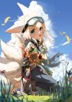  1girl :d absurdres animal_ears ankle_boots antenna_hair arknights asymmetrical_clothes blue_pants blue_sky boots brown_footwear chino_(user_zdyd2447) cloud day dirty dirty_face flower fox_ears fox_tail full_body goggles goggles_on_head grass green_eyes highres holding holding_flower jacket kitsune kneeling looking_at_viewer multiple_tails official_alternate_costume open_mouth outdoors pants single_pantsleg sky smile sunflower suzuran_(arknights) suzuran_(lostlands_flowering)_(arknights) tail teeth upper_teeth white_jacket yellow_flower 