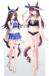  2girls animal_ears bag bangs bare_legs bikini bikini_skirt black_bikini black_bow blue_bikini blue_bow blue_eyes blush bow bow_hairband breasts brown_hair cleavage closed_mouth ears_through_headwear food frilled_bikini frills full_body hair_between_eyes hair_over_one_eye hairband hat hat_bow highres holding holding_food horse_ears horse_girl horse_tail large_breasts long_hair looking_at_viewer mihono_bourbon_(umamusume) multiple_girls navel parted_lips polka_dot polka_dot_bow popsicle primamiya purple_eyes ribbon rice_shower_(umamusume) sandals shoulder_bag smile stomach sun_hat swimsuit tail tail_ornament tail_ribbon thigh_strap umamusume white_ribbon 