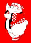  2022 anthro asian_clothing belly biped black_nose clothing dancing east_asian_clothing fur gayousi7 hi_res japanese_clothing kemono mammal overweight red_background simple_background solo ursid white_body white_fur 