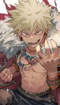  1boy abs artist_name bakugou_katsuki bead_necklace beads belt blonde_hair boku_no_hero_academia brown_belt cape clenched_hand earrings fur_trim jewelry kadeart looking_at_viewer male_focus multiple_necklaces necklace nipples open_mouth red_cape red_eyes scar scar_on_cheek scar_on_face solo spiked_hair symbol-only_commentary teeth toned toned_male 