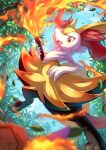  absurdres animal_ear_fluff animal_ears animal_nose black_fur blurry blush braixen burning cloud cloudy_sky combee day depth_of_field digitigrade fang fire foliage fox_ears full_body furry highres holding holding_stick leaf looking_at_viewer midair multicolored_fur open_mouth orange_eyes outdoors pokemon pokemon_(creature) red_fur red_nose ririri_(user_rkrv7838) sideways_mouth skin_fang sky slit_pupils smile solo_focus stick tree tsurime white_fur yellow_fur 
