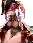  bare_shoulders black_leotard blush breasts covered_nipples halterneck hat highres hololive houshou_marine jacket jacket_partially_removed large_breasts leotard licking_lips looking_at_viewer multicolored_eyes naughty_face navel osechi_(pixiv56606477) pirate pirate_hat red_eyes red_hair sitting skin_tight skindentation sweat sweatdrop thick_thighs thigh_gap thighs tongue tongue_out virtual_youtuber yellow_eyes 