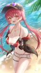  1girl bangs bare_shoulders blush breasts cleavage eyewear_on_headwear fang hat heterochromia highres hololive houshou_marine jacket large_breasts long_hair looking_at_viewer open_mouth red_eyes red_hair shihaku_rare shore short_shorts shorts slingshot_swimsuit smile solo swimsuit twintails virtual_youtuber yellow_eyes 
