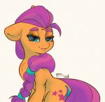  beauty_mark blue_eyes cutie_mark earth_pony equid equine eyebrows female feral hair half-closed_eyes hasbro horse inkypuso lips mammal mlp_g5 my_little_pony narrowed_eyes orange_body pony purple_hair purple_tail smile solo sunny_starscout_(mlp) thick_eyebrows 