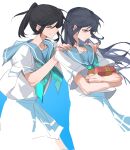  2girls bangs black_hair blue_hair blue_neckerchief blue_sailor_collar blue_skirt blush box closed_eyes closed_mouth hands_on_another&#039;s_shoulders hands_up hibike!_euphonium highres holding holding_box kasaki_nozomi kitauji_high_school_uniform liz_to_aoi_tori long_hair molu_stranger multiple_girls neckerchief parted_lips pink_eyes pleated_skirt ponytail sailor_collar school_uniform serafuku shirt short_sleeves skirt smile standing white_background white_shirt yoroizuka_mizore 