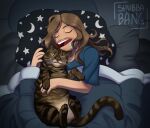  ambiguous_gender bed bodily_fluids domestic_cat drooling duo eyes_closed felid feline felis feral fur furniture hand_on_chest hi_res human inner_ear_fluff male mammal moon_symbol open_mouth pillow saliva shubbabang signature sleeping smile star_symbol striped_body striped_fur stripes tuft 