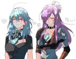  2girls absurdres between_breasts blue_hair breasts byleth_(fire_emblem) byleth_(fire_emblem)_(female) cleavage closed_eyes fire_emblem fire_emblem:_three_houses fire_emblem_warriors:_three_hopes hair_bun hair_over_one_eye highres ice_pack illust_mi long_hair multiple_girls purple_hair shez_(fire_emblem) shez_(fire_emblem)_(female) simple_background single_hair_bun sweat upper_body 